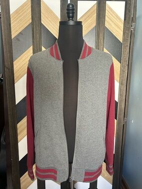 Grey & Burgundy Varsity Style Bomber Jacket